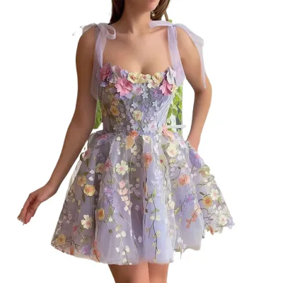 Womens Clothing Fashionable Three-Dimensional Flower Embroidery Hip-Hugging Sexy Halter Dress