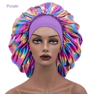 2022 New Design Women Fashion Double Layer Sleep Cap Custom logo Wide Elastic Band Laser Satin Hair Bonnet