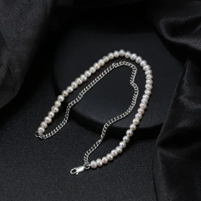 New S925 Sterling Silver Double Layer Bracelet Cuban Chain Freshwater Pearl Chain Bracelet