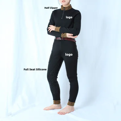 Winter Horse Riding Clothing Warm Base Layer Women's Stretch Fleece Antiskid Riding Breeches Equestrian Shirt 2 Piece Set Wear