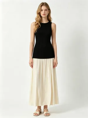 Women Color blocked Spliced Maxi Dress Crew Neck Ribbed Knit Sleeveless Top Pleated Hem Long Dress Elegant Casual for Ladies