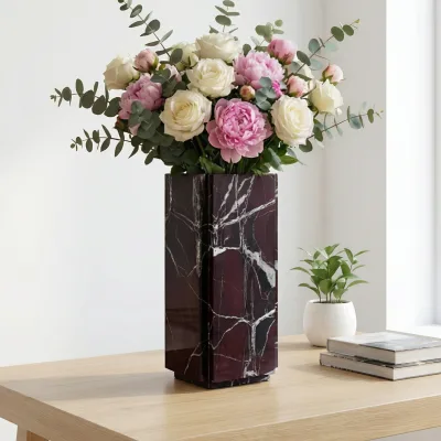 European Style Natural Rosso Levanto Red Marble Vase for Luxury Villa Show Flat Designer Floral Arrangement Custom