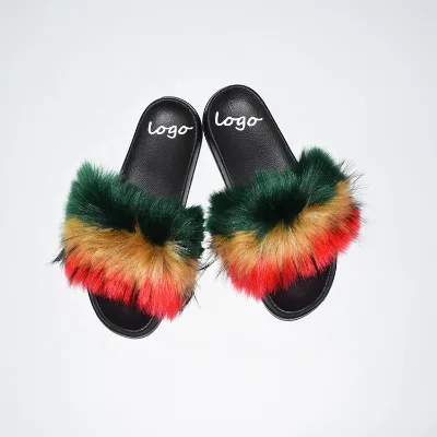 Faux Fur Slides Real Raccoon Fur slippers Fashion Fur Slides