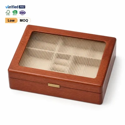 Retro Cherry Wood Jewelry Box with Ripple Glass Lid Beige Velvet Dividers and Simple Brass Flip Clasp for Gifts
