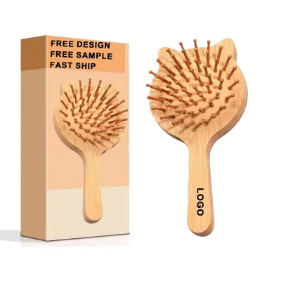 Custom Logo Bamboo Hair Brush Wooden Scalp Massager Natural Wooden Handle Bamboo Bristles Hair Comb Cat Ear Hair Brush
