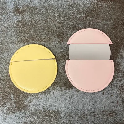 Stainless Steel Custom Logo Round Mirror with PU Cover, Personalized Logo Promotional Mirror