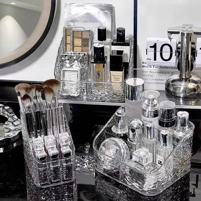 Luxury Ice Pattern Cosmetic Organizer Crystal Clear PET Makeup Storage Box 3/4/5 Compartment Skin Care Brush Holder for Vanity