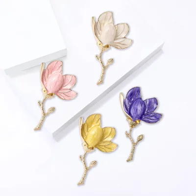 Vintage Large Metal Alloy Enamel Magnolia Flower Brooch for Women Gilrs Exaggerated Suit Corsage Pins Accessories Party Jewelry
