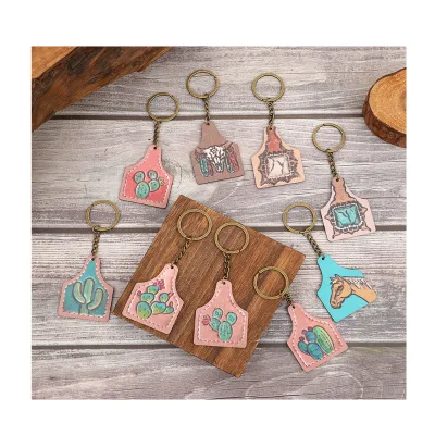 Retro Leather Print Pendant Keychains Western Farm Cowboy Style Cactus Wooden Keychain