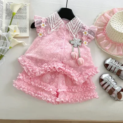 Summer Collection Fresh French Sweet Princess Dress Children's Casual Two-Piece Set for Baby Girls Boutique Size 2T