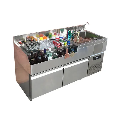 Commercial Stainless Steel Mobile Bar Station with Refrigeration, Adjustable Shelving Bartender Workstation