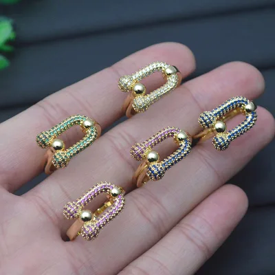 New Design 18K Gold Plated U-Shaped Horseshoe Rainbow Cubic Zirconia Adjustable Rings for Woman Girls