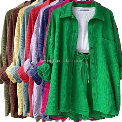 Spring and Autumn Women's Pleated Collar Long Sleeved Shirt Shorts Casual Solid Color Two-piece Women's Set Wholesale