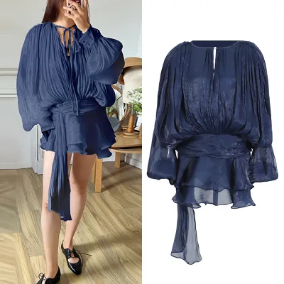 ZHEZHE 2026 Summer New Arrival European American Bohemian-Style Short Dress Loose-Fit Long-Sleeve Sexy Lace-Up Wrap Dress