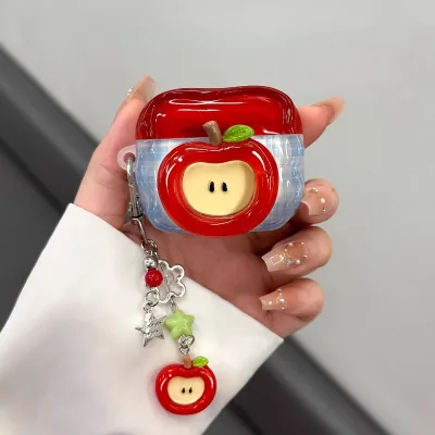 Kawaii 3D Red Green Apple Shape AirPods Case With Matching Charm for Airpods Gen 1/2/3 Pro 2 4 Wireless Earbud Protective Shell