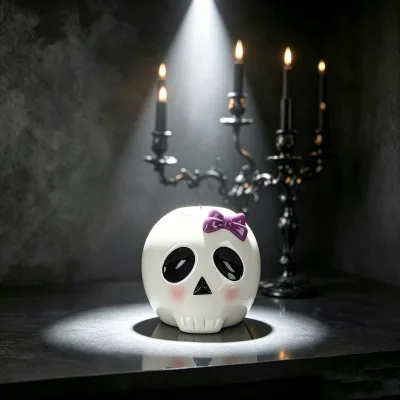 Ceramic Skull Candle Holder With Purple Bow Halloween Desktop Ornament Gothic Spooky Home Decor Tealight Candle Container Indoor