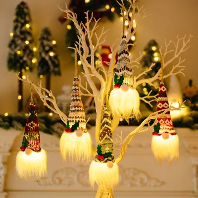 Christmas Knitted Hat With Lights Faceless Doll Pendant Atmosphere Decoration Luminous Old Man Small Doll Tree Pendant