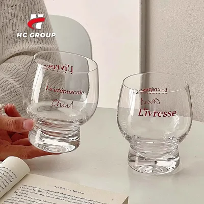 French Red Letter Printing Beer Cup Drum Design Heavy Base Whiskey Tumbler Coffee Beer Glasses