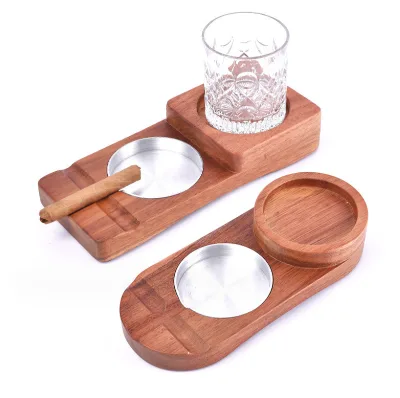 Reusable Cigar Accessories Wood Metal Ashtray Kit Set With Wine Cup Seat Cigar Tools Cigar Ash Tray