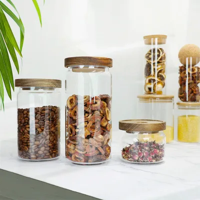 Various Capacities Coffee Bean Grain Packaging Glass Bottle Spice Jar Kitchen Food Storage Glass Jar with Acacia Wood Cover