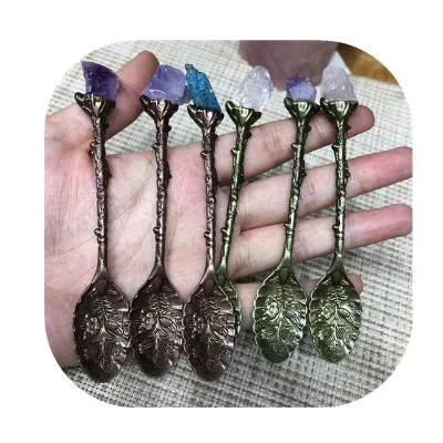 New Arrivals 11cm Brown Rose Gold Healing Crystals Kitchen Supplies Natural Mixed Quartz Crystal Spoons for Sale