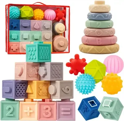 Soft Building Blocks Stacking Baby Toys Montessori Toys for Babies 6-12 Months Teething Toys
