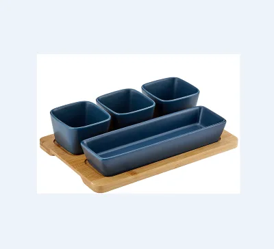 4pcs Oblong Bowl Set Dips Snacks Nuts Serving Bowls With Wooden Tray