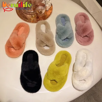 Hot Selling Sexy Slide pink Fluffy slippers  Soft Fur slippers Faux Rabbit Fur slippers for Women