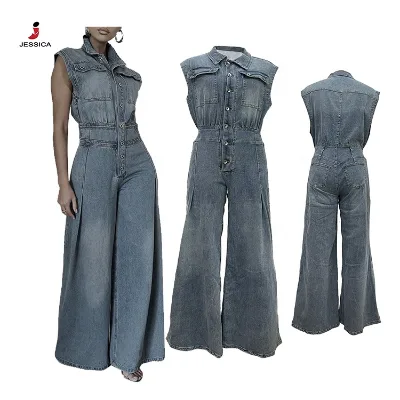 T1300-2025 Women Clothing Loose Denim Lady Jumpsuit Outfit Wide Leg Pants Eans Woman Jumpsuit
