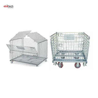 Steel High Capacity Galvanized Finish Stackable Foldable Wire Mesh Box Wire Cage Metal Bin Storage Container EBILTECH Brand