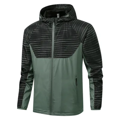 High Street Style Men's Casual Sportswear Long Sleeve Windbreaker Jacket Zipper Thin Hood Windproof Polyester Spring Autumn OEM