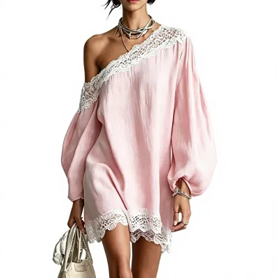 Casual Off Shoulder Long Sleeve Bodycon Mini Dress with Lace Trim and Solid Color Clubwear Ruched Detail Bachelorette