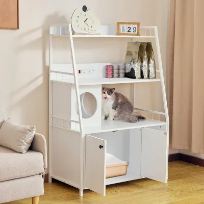 Cat Litter Box Storage Cabinet Charging Outlet 2-Tier Shelf Wooden Pet Toilet Hidden Compartment