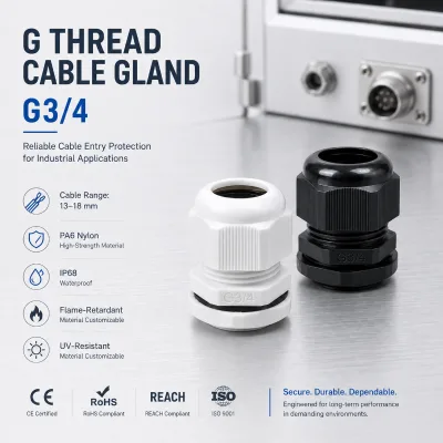G3/4 High/Low Voltage IP68 Cable Gland with Nylon Material CE RoHS Certified Adjustable Clamping Range (-60C to +180C)