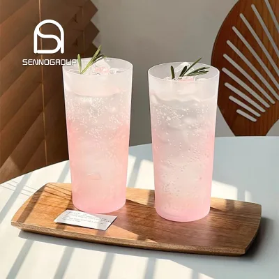 Frosted Pink Gradient Collins Glass Household Wooden Tray Angle Cocktail Colin Glasses Cup for Afternoon Tea
