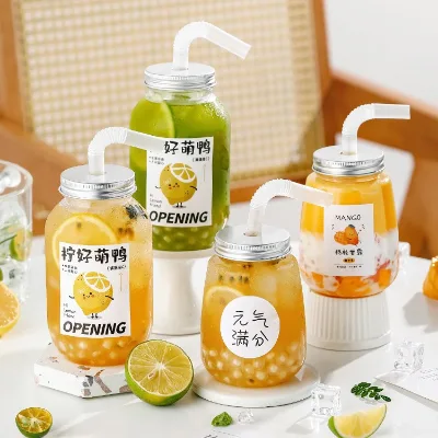 Milk Tea Cup Disposable Beverage with Lid Cup Yangzhi Ganlu Bottle Fruit Tea Lemon Tea Packaging for Business Use