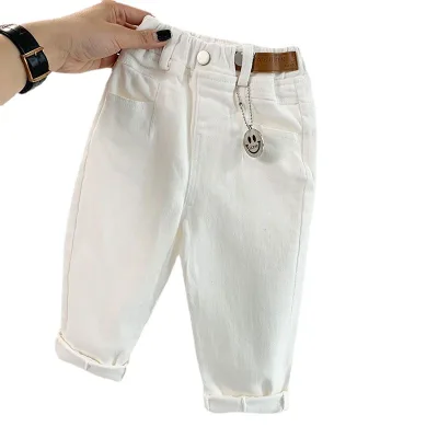 Boys' Trendy White Denim Casual Pants Middle Small Children's Western & Korean Style for Spring & Autumn Also for Girls & Babies