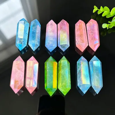 Polished Rainbow Aura Double Pointed Crystal Wand Titanium Coated Gemstone Point for Home Office Decor
