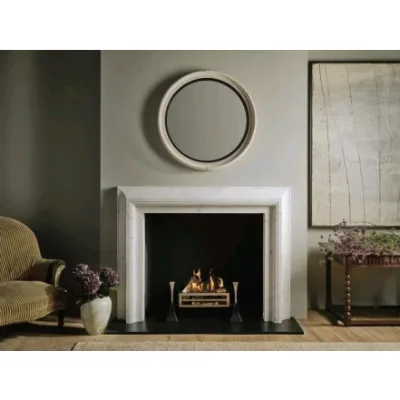 Contemporary Beige Marble Fireplace One-piece Surround and Mantel Set with Integrated Steel Frame Custom CAD Design and Shop