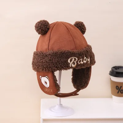 HY7 Wholesale Cute Winter Double Pom Beanie Hat 0-5 Year Girl Warm Knitted Fleece Lining Slouchy Bear Cap Acrylic Hat for Kid