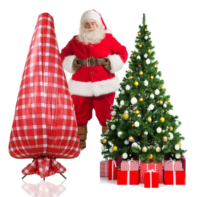 Custom Printed Red and White Plaid Christmas Tree Shaped Plastic Gift Bags, Festive Holiday Packaging for Presents