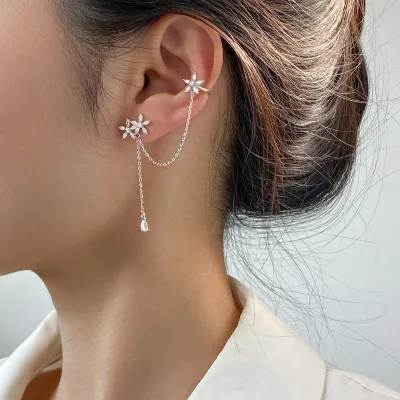 Daidan Stud Earrings 925 Sterling Silver Mismatched Chain Cubic Zirconia Ear Cuffs Flower Earrings