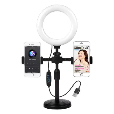 LED Selfie Ring Light Tripod Stand USB Powered Plastic Mobile Live Broadcast Makeup Photography Fill Light Dual Position Phone