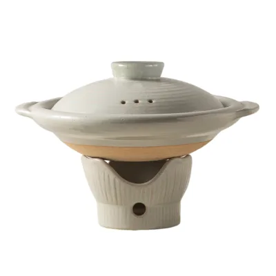 Vintage Traditional Style Light Gray Handcrafted Textured Earthenware Ceramic Casserole with Base, Stew & Insulated Cooking Pot