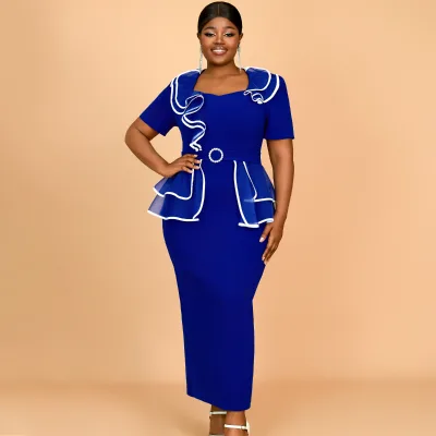 AOMEI New Design Sweetheart Neck with Ruffles Short Sleeve Royal Blue Church Elegant Women Bodycon Career Dresses with Belt