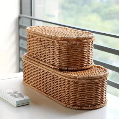 Rectangular Rattan Storage Basket Bamboo Woven Fruit Baskets Handle for Home Decor Snack Container Bread Basket Laundry