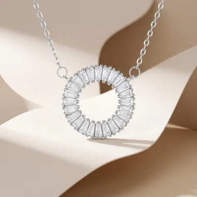 S925 Sterling Silver Baguette Zircon Hollow Circle Necklace Nickel Free Hypoallergenic Women Jewelry Factory Custom Wholesale