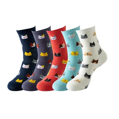 Wholesale Cozy Cotton Crew Socks for Ladies Cute Cat Animal Patterned Custom Logo Design Knitted Crew Socks Set