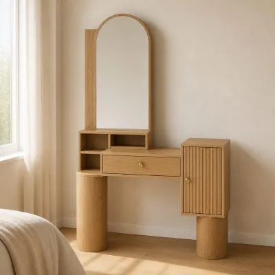 Modern Oak Veneer Makeup Vanity Wooden Dressing Table with Arched Mirror Storage Drawer Freestanding Bedroom Furniture