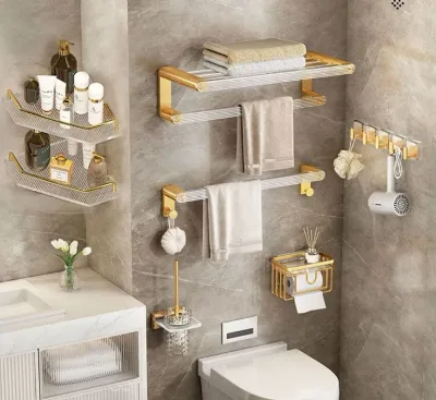 Luxury Aluminum Single Double Option Towel Rack Punch-Free Space Wall Hanging for Bathroom for Home Use Space-Saving Toilet